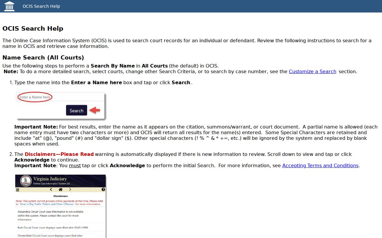 Virginia OCIS warrant search-help screen for Hampton City case records