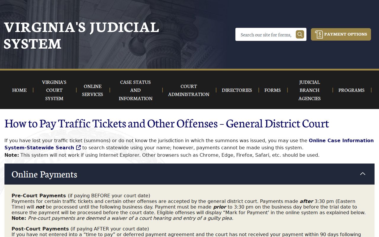 Hampton City traffic warrant case and court payment search page