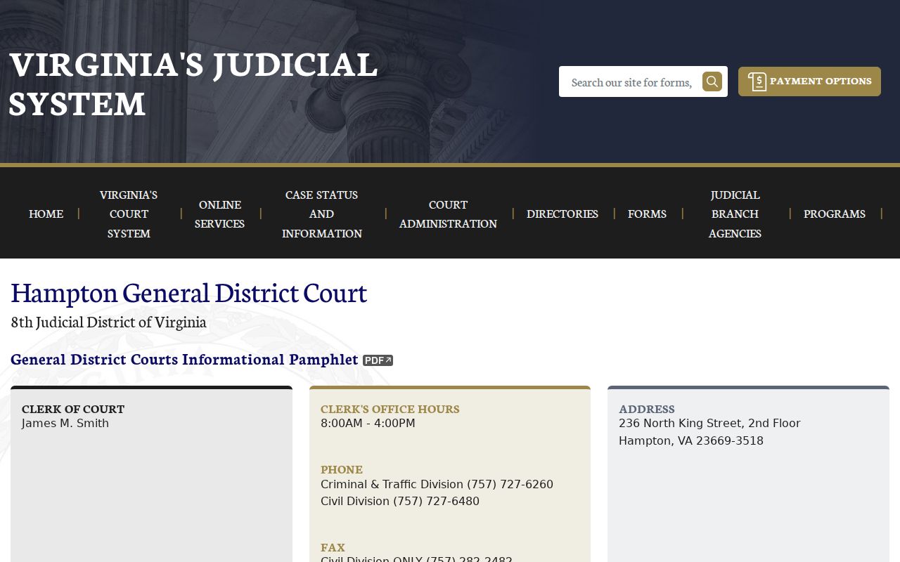 Hampton City warrant case information from the General District Court page