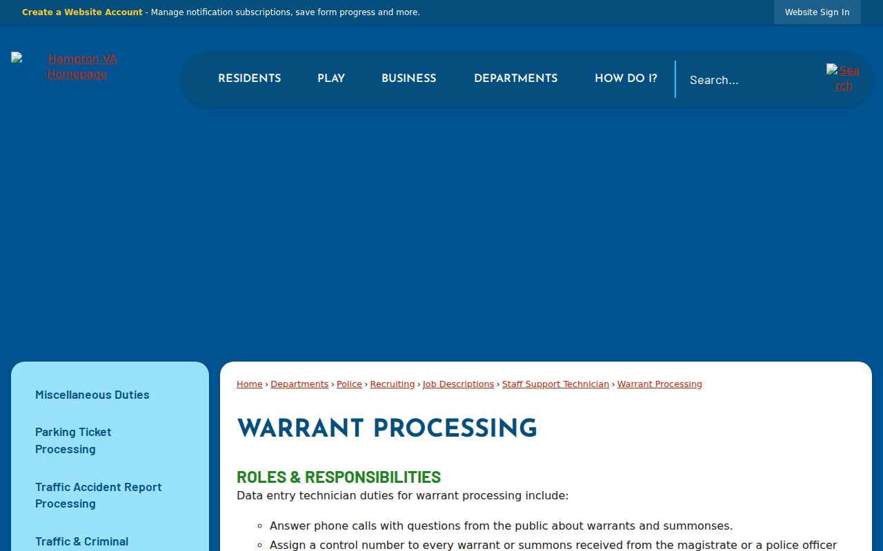 Hampton City warrant processing information from Hampton Police
